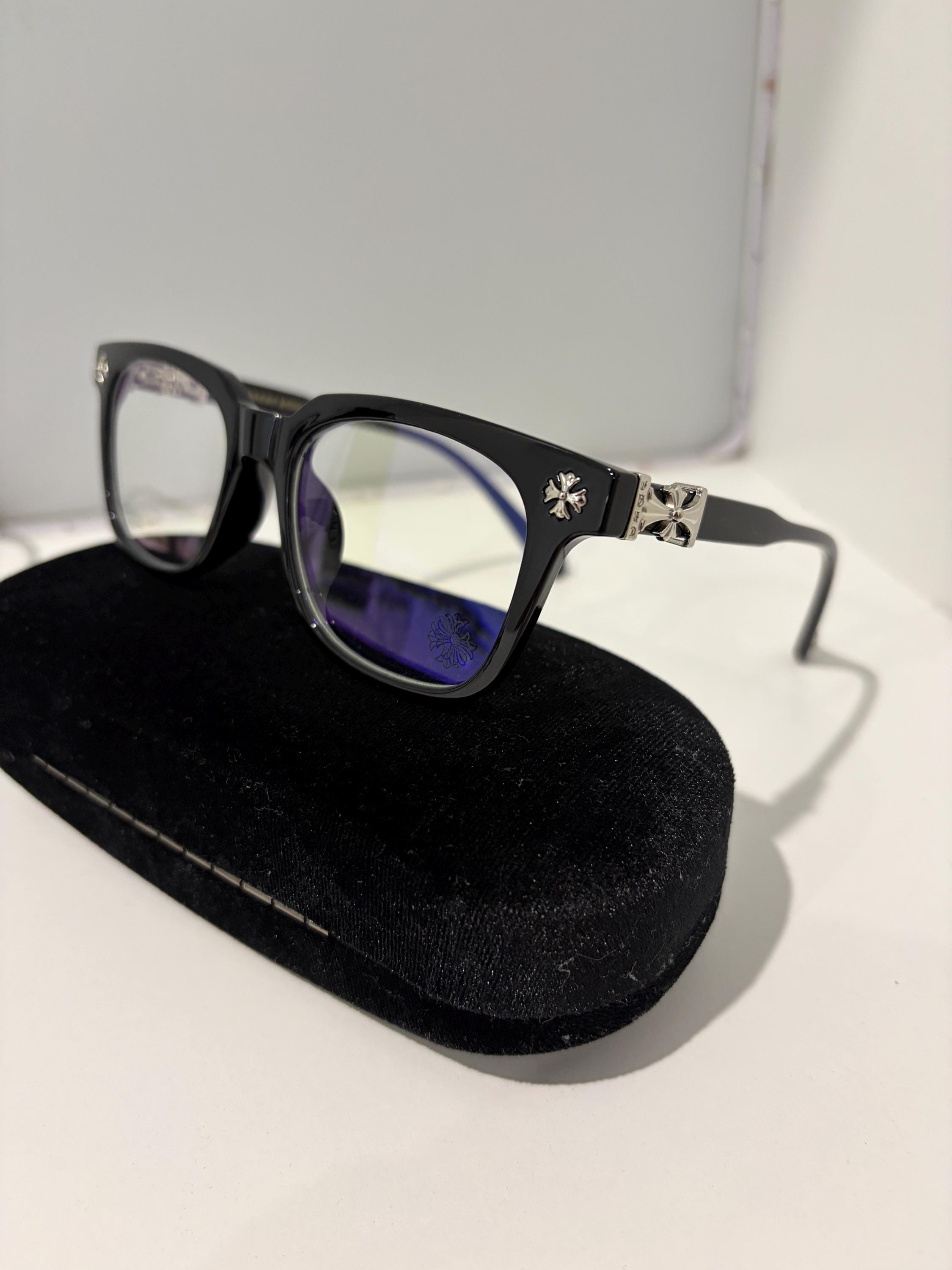 Black and Silver Chromeheart cross and flower glasses (W/ BLUE LIGHT!)